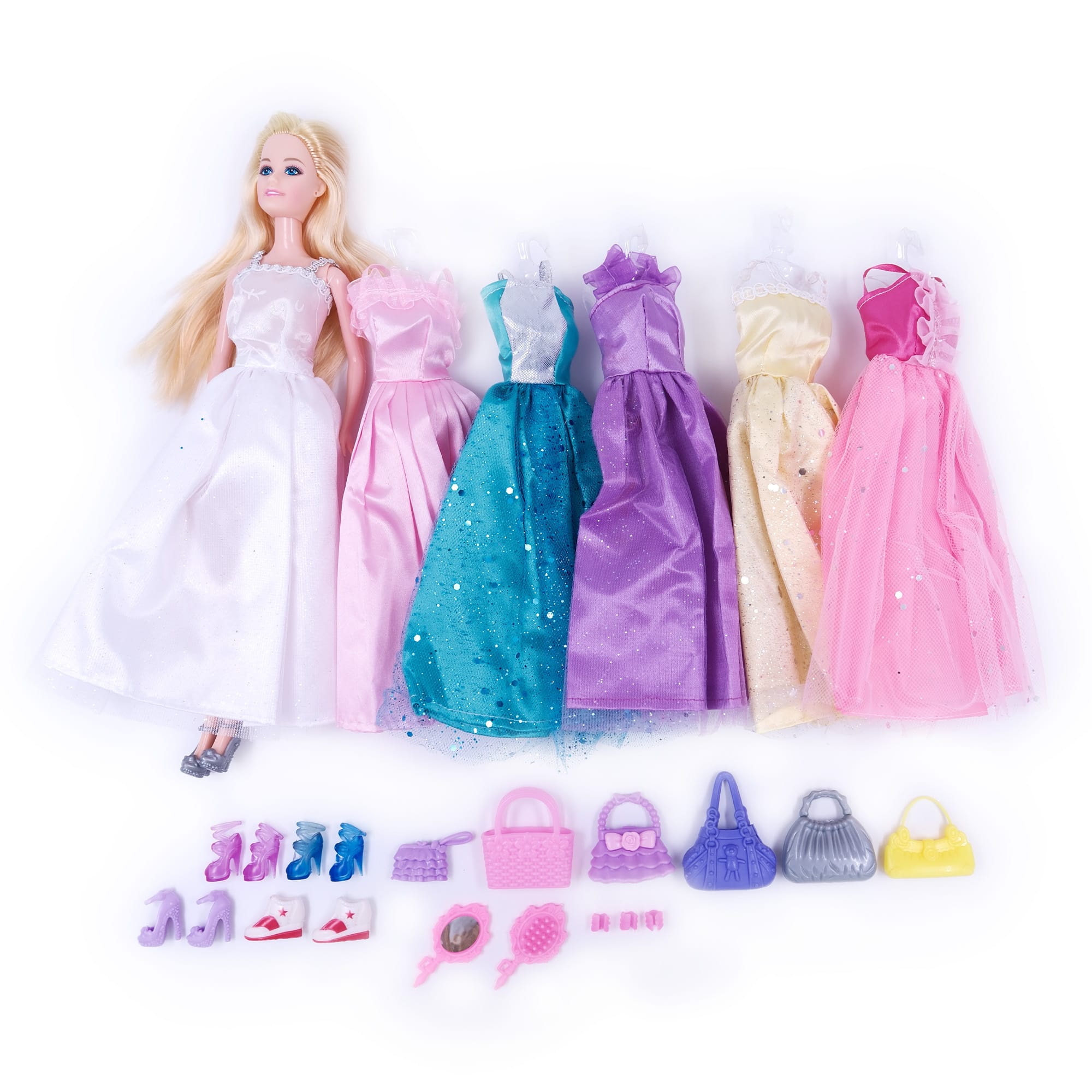 Kleurrijke jurken en accessoires voor poppen.